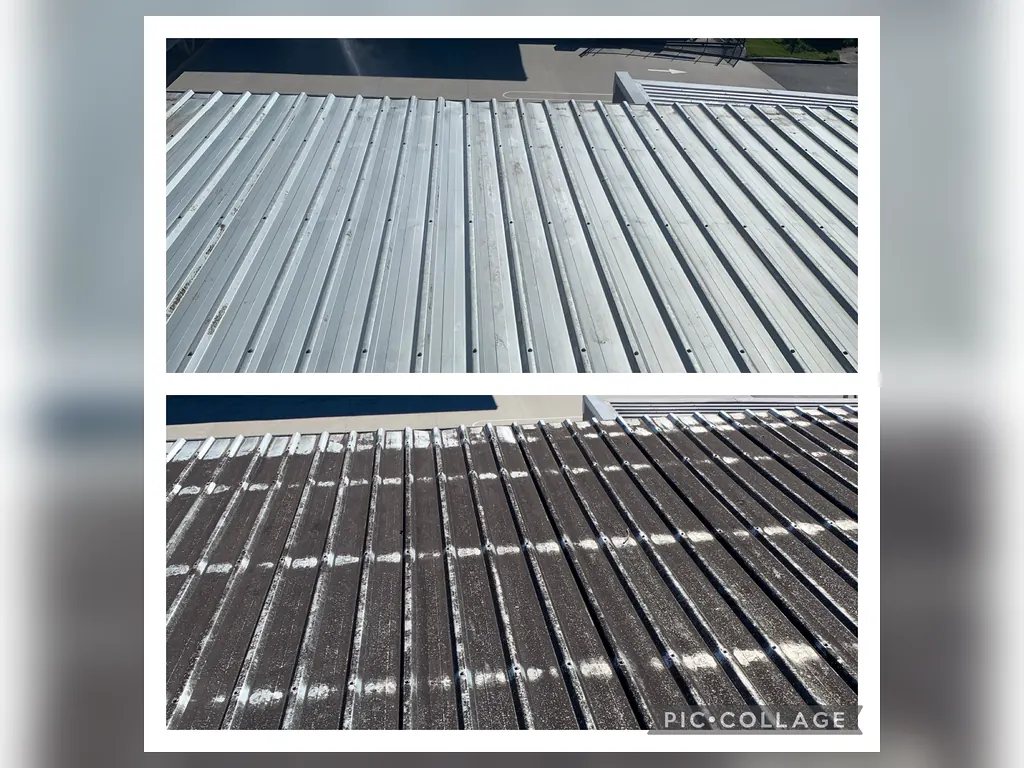 Metal roof surface before and after professional cleaning