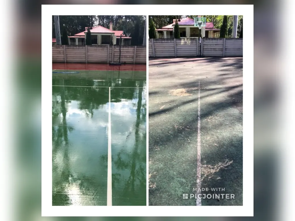 Tennis court before and after professional surface cleaning