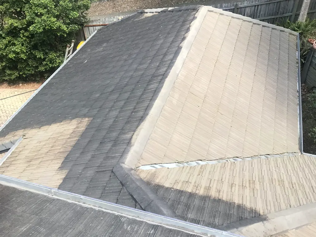 Mould-stained tiled roof during professional cleaning