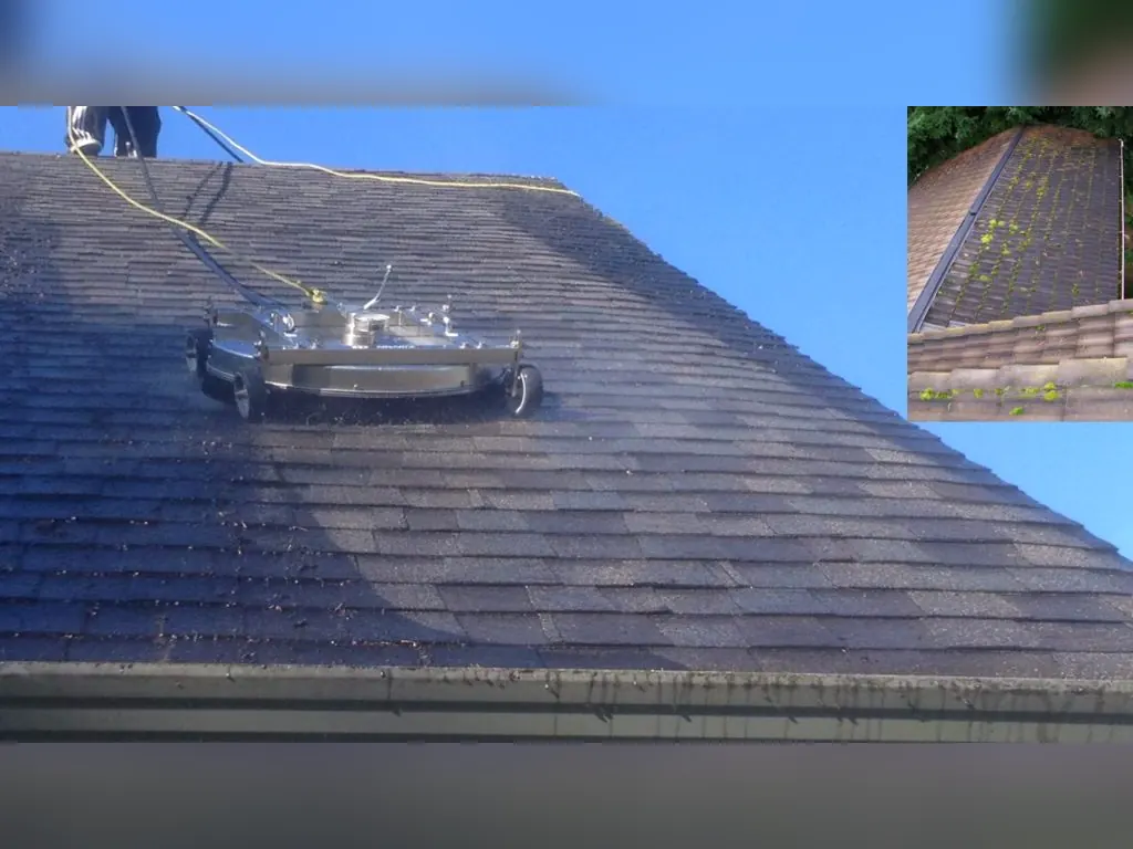 Tiled roof before and during professional roof cleaning