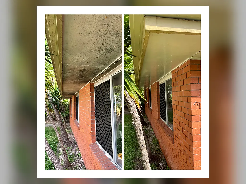 House eaves before and after soft washing