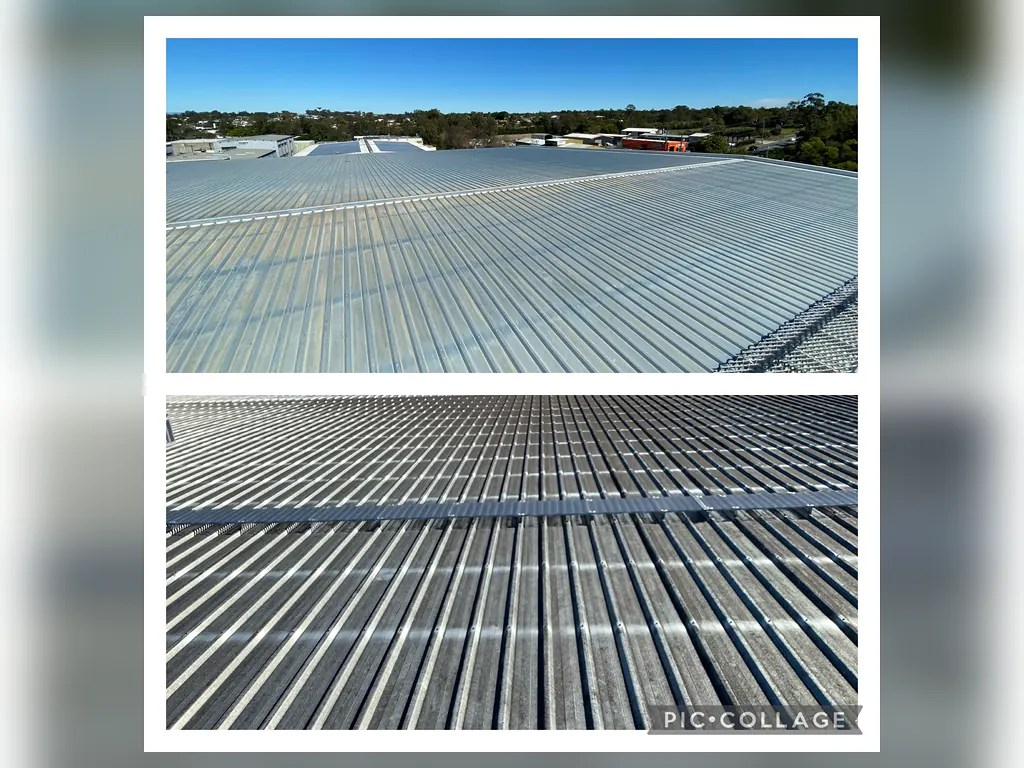 Large metal roof before and after professional cleaning