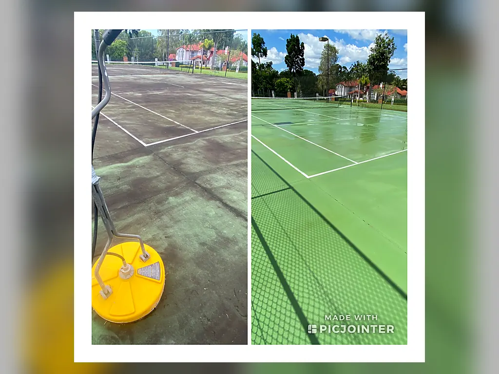 Tennis court before and after surface cleaning