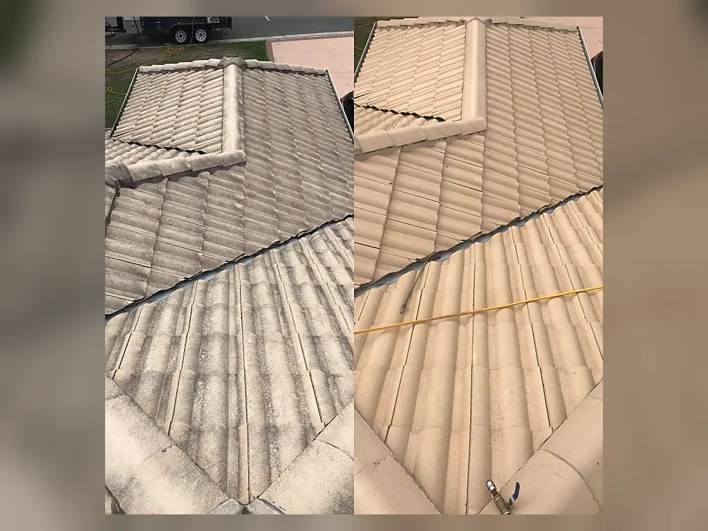 Tiled roof before and after professional roof cleaning
