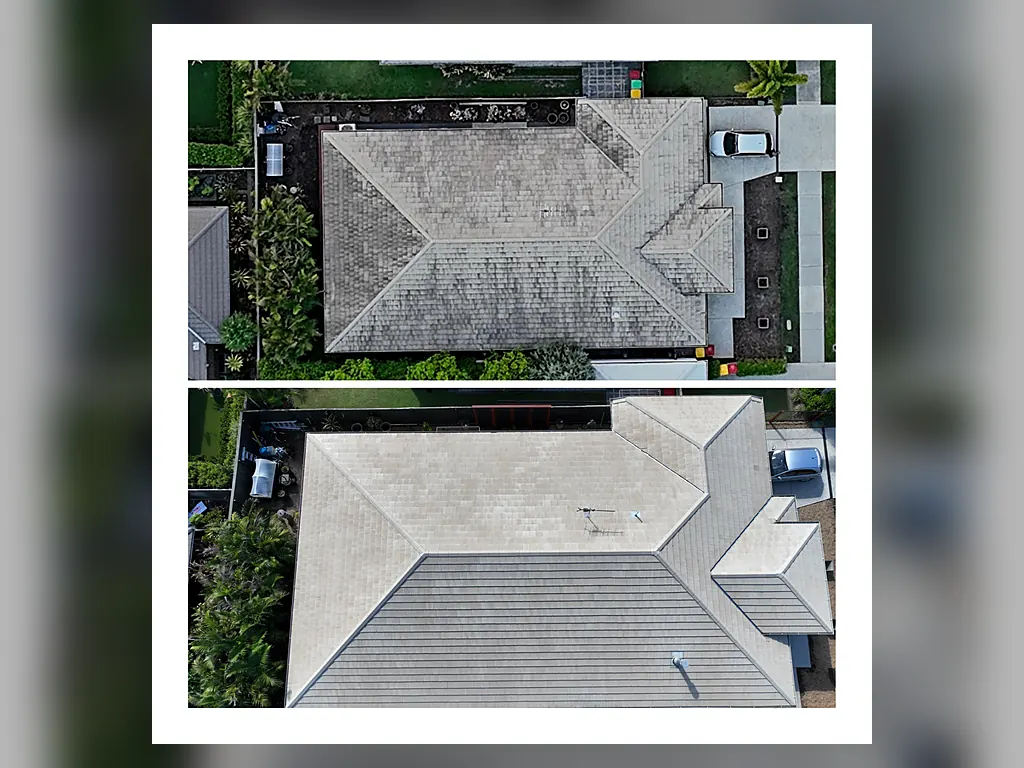 Aerial view of a roof before and after soft roof washing