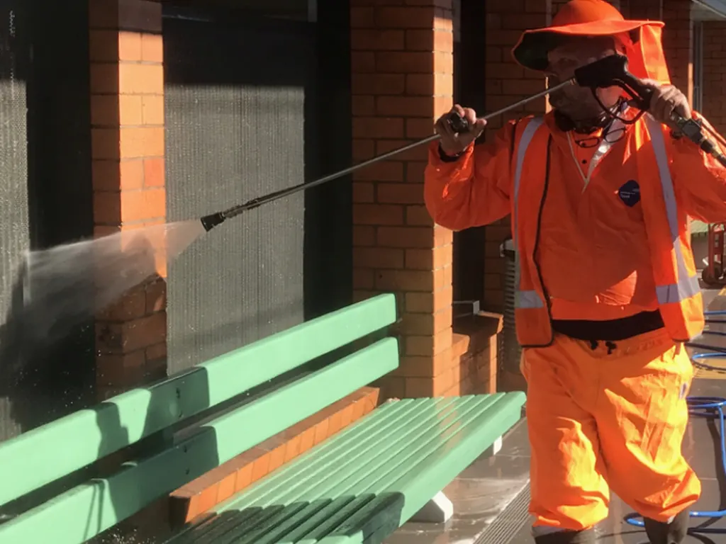 Waterworx pressure cleaning a commercial brick building