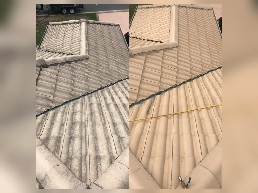 Tiled roof before and after professional roof cleaning