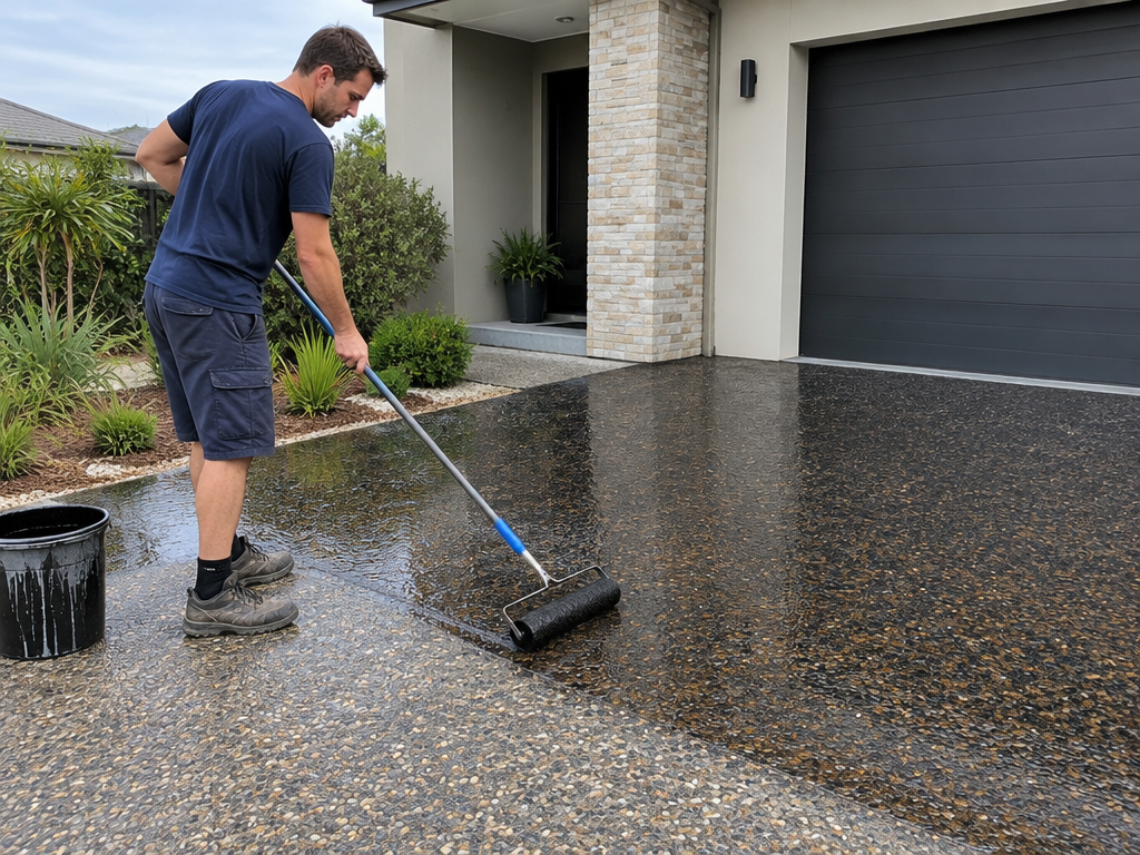 Rolling paint onto a cleaned concrete surface, concrete painting in Logan