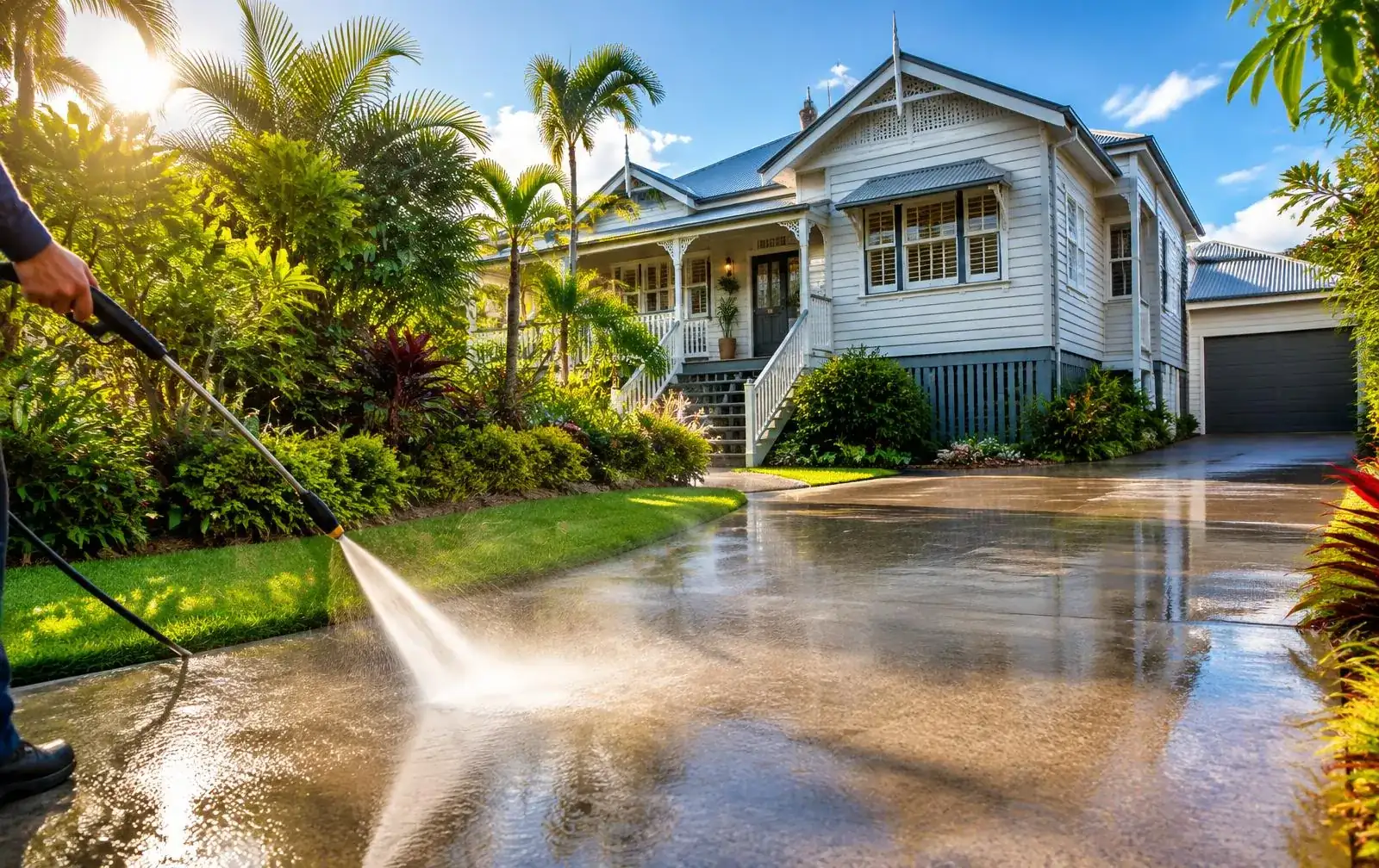 Driveway being pressure cleaned outside a Queensland home
