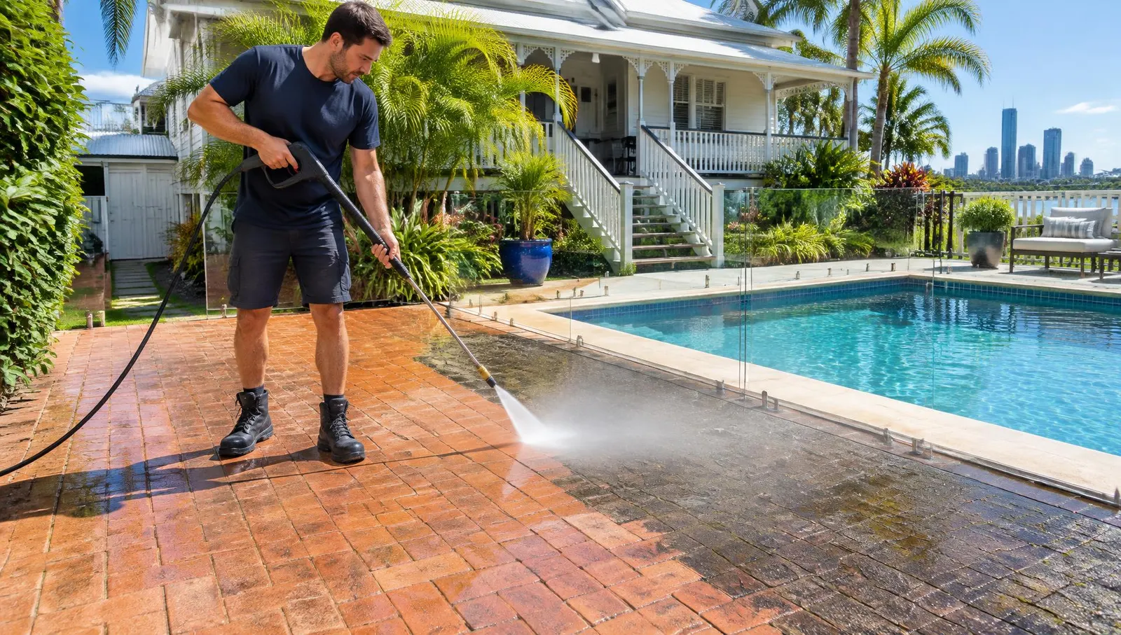Waterworx technician pressure cleaning brick pavers beside a pool at a Brisbane Queenslander home